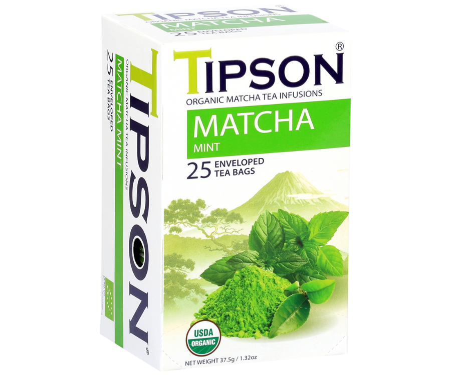 Tipson Matcha Mint – organiczna matcha z dodatkiem zielonej herbaty, mięty pieprzowej i mięty. Kopertowane saszetki zostały umieszczone w ozdobnym opakowaniu.