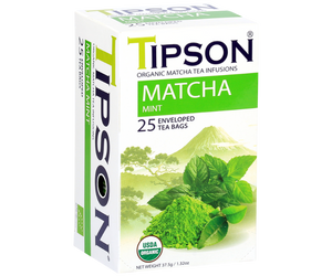 Tipson Matcha Mint – organiczna matcha z dodatkiem zielonej herbaty, mięty pieprzowej i mięty. Kopertowane saszetki zostały umieszczone w ozdobnym opakowaniu.