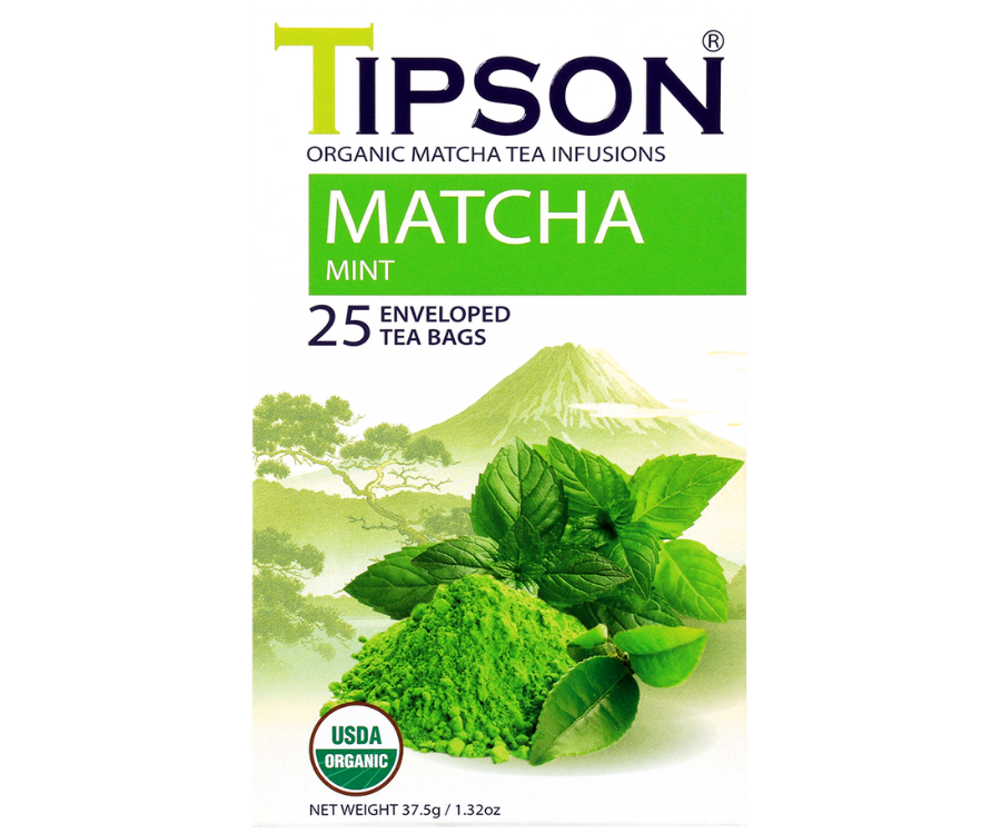 Tipson Matcha Mint – organiczna matcha z dodatkiem zielonej herbaty, mięty pieprzowej i mięty. Kopertowane saszetki zostały umieszczone w ozdobnym opakowaniu.