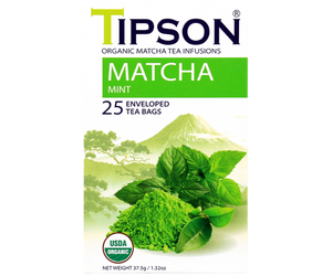 Tipson Matcha Mint – organiczna matcha z dodatkiem zielonej herbaty, mięty pieprzowej i mięty. Kopertowane saszetki zostały umieszczone w ozdobnym opakowaniu.