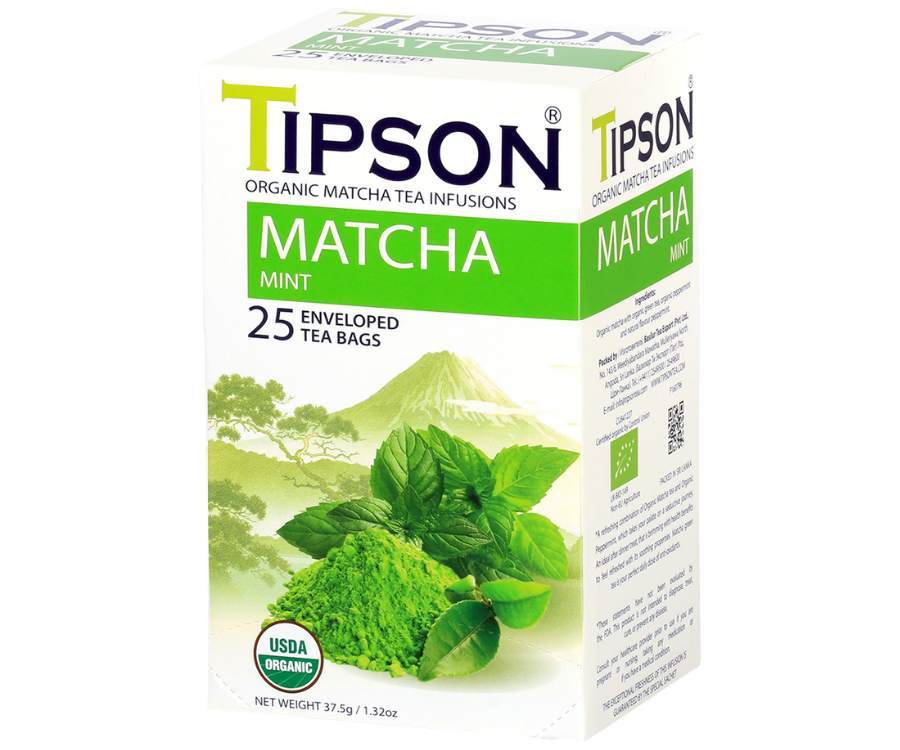 Tipson Matcha Mint – organiczna matcha z dodatkiem zielonej herbaty, mięty pieprzowej i mięty. Kopertowane saszetki zostały umieszczone w ozdobnym opakowaniu.