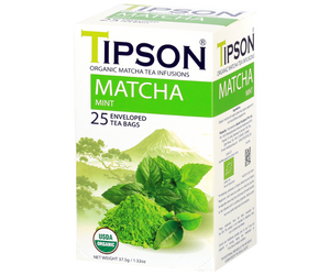 Tipson Matcha Mint – organiczna matcha z dodatkiem zielonej herbaty, mięty pieprzowej i mięty. Kopertowane saszetki zostały umieszczone w ozdobnym opakowaniu.