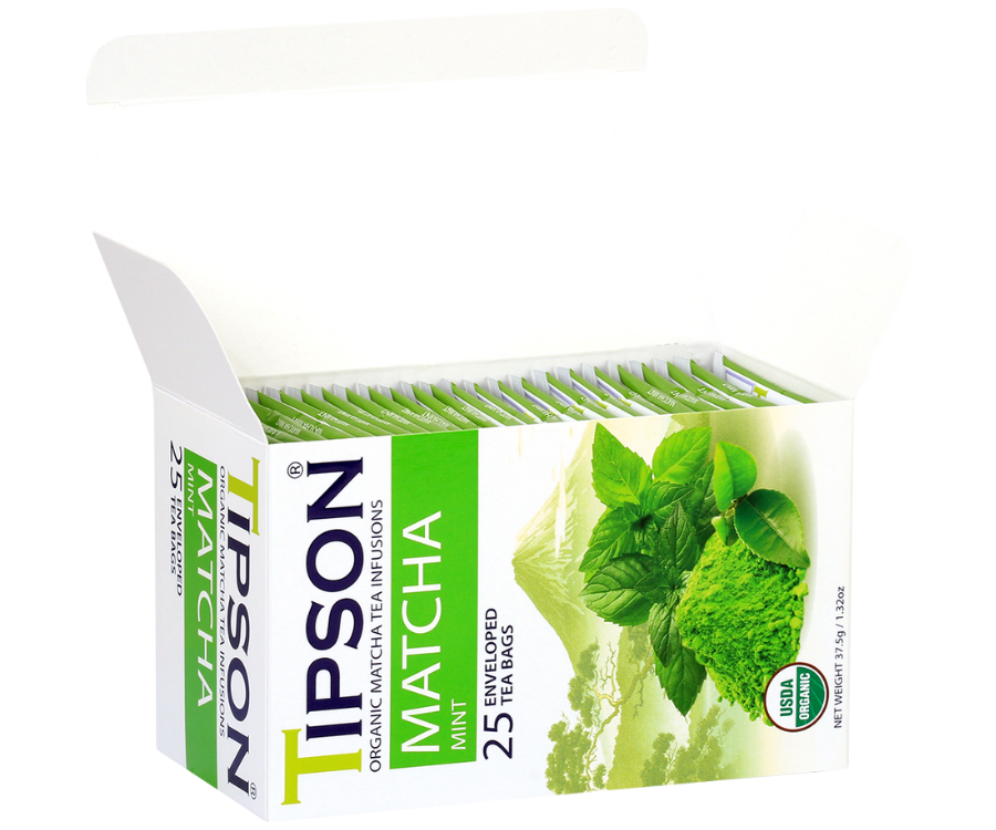 Tipson Matcha Mint – organiczna matcha z dodatkiem zielonej herbaty, mięty pieprzowej i mięty. Kopertowane saszetki zostały umieszczone w ozdobnym opakowaniu.