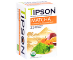 Tipson Matcha Turmeric & Passionfruit – organiczna matcha z dodatkiem zielonej herbaty, kurkumy i aromatu marakui. Kopertowane saszetki zostały umieszczone w ozdobnym opakowaniu.