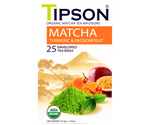 Tipson Matcha Turmeric & Passionfruit – organiczna matcha z dodatkiem zielonej herbaty, kurkumy i aromatu marakui. Kopertowane saszetki zostały umieszczone w ozdobnym opakowaniu.