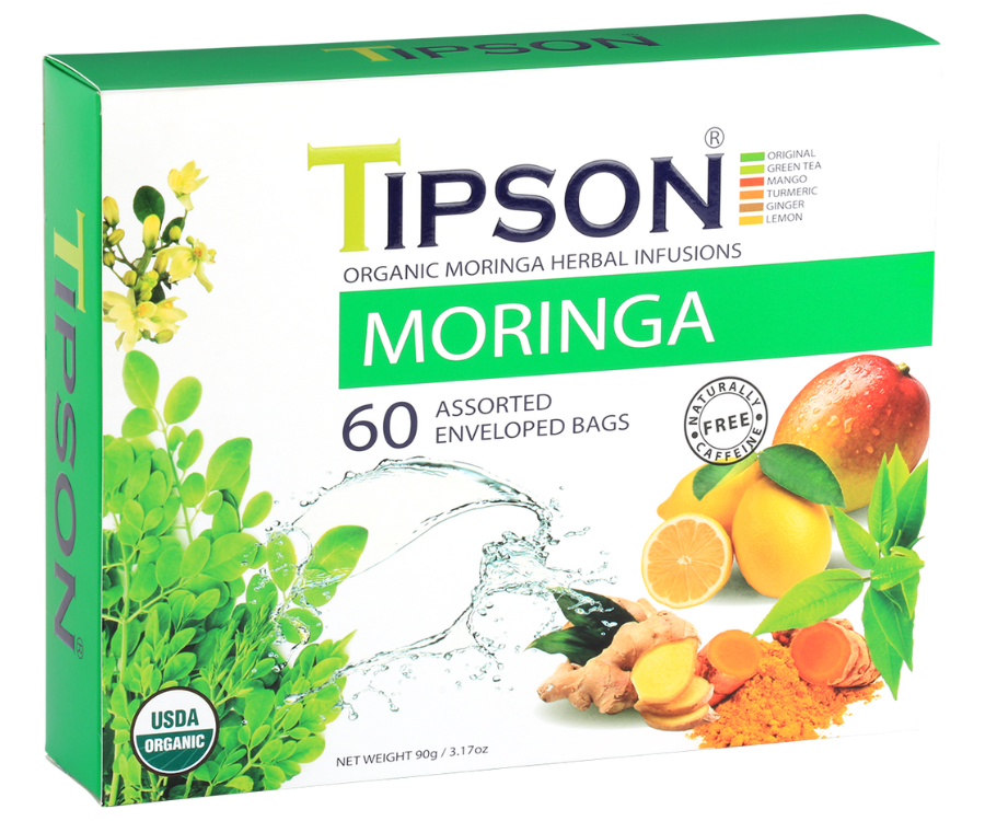 Tipson Moringa Assorted – zestaw herbat z kolekcji organicznych naparów. W prezentowej herbaciarce znajduje się 6 smaków herbat ziołowych z dodatkami – owocami, ziołami, i przyprawami. 