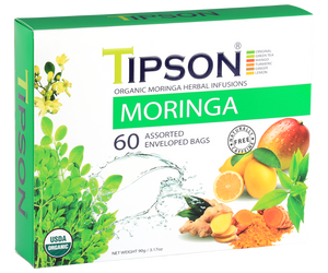 Tipson Moringa Assorted – zestaw herbat z kolekcji organicznych naparów. W prezentowej herbaciarce znajduje się 6 smaków herbat ziołowych z dodatkami – owocami, ziołami, i przyprawami. 