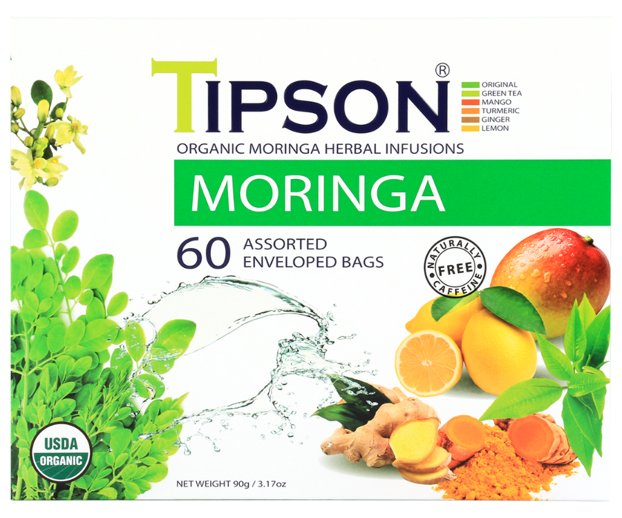 Tipson Moringa Assorted – zestaw herbat z kolekcji organicznych naparów. W prezentowej herbaciarce znajduje się 6 smaków herbat ziołowych z dodatkami – owocami, ziołami, i przyprawami. 