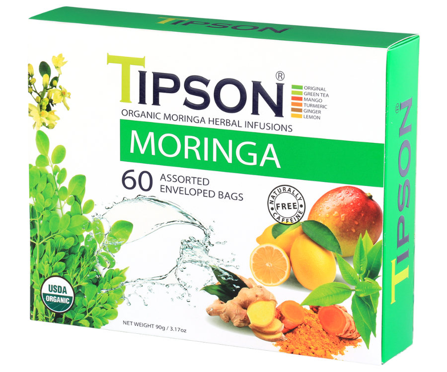 Tipson Moringa Assorted – zestaw herbat z kolekcji organicznych naparów. W prezentowej herbaciarce znajduje się 6 smaków herbat ziołowych z dodatkami – owocami, ziołami, i przyprawami. 