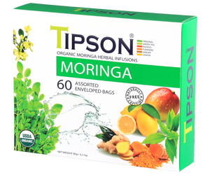 Tipson Moringa Assorted – zestaw herbat z kolekcji organicznych naparów. W prezentowej herbaciarce znajduje się 6 smaków herbat ziołowych z dodatkami – owocami, ziołami, i przyprawami. 