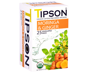 Tipson Moringa & Ginger – ziołowa herbata z liśćmi moringi i imbirem. Kopertowane saszetki zostały umieszczone w ozdobnym pudełku.