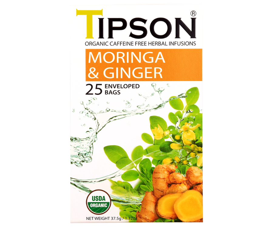 Tipson Moringa & Ginger – ziołowa herbata z liśćmi moringi i imbirem. Kopertowane saszetki zostały umieszczone w ozdobnym pudełku.