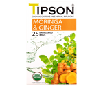 Tipson Moringa & Ginger – ziołowa herbata z liśćmi moringi i imbirem. Kopertowane saszetki zostały umieszczone w ozdobnym pudełku.