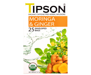 Tipson Moringa & Ginger – ziołowa herbata z liśćmi moringi i imbirem. Kopertowane saszetki zostały umieszczone w ozdobnym pudełku.