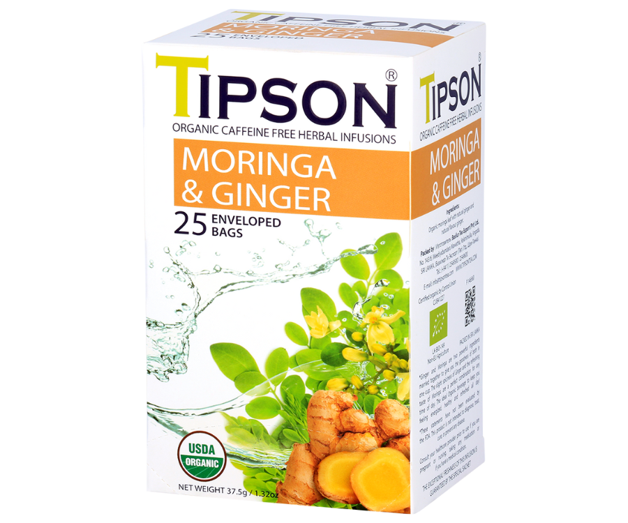 Tipson Moringa & Ginger – ziołowa herbata z liśćmi moringi i imbirem. Kopertowane saszetki zostały umieszczone w ozdobnym pudełku.