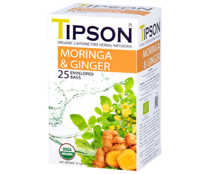 Tipson Moringa & Ginger – ziołowa herbata z liśćmi moringi i imbirem. Kopertowane saszetki zostały umieszczone w ozdobnym pudełku.