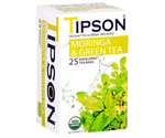 Tipson Moringa & Green Tea – ziołowy napar z liści moringi i zielonej herbaty cejlońskiej. Kopertowane saszetki zostały umieszczone w ozdobnym pudełku.