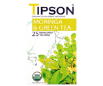 Tipson Moringa & Green Tea – ziołowy napar z liści moringi i zielonej herbaty cejlońskiej. Kopertowane saszetki zostały umieszczone w ozdobnym pudełku.