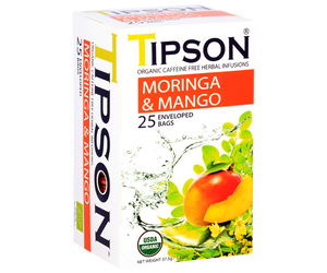 Tipson Moringa & Mango – ziołowa herbata  z liśćmi moringi i mango. Kopertowane saszetki zostały umieszczone w ozdobnym pudełku.