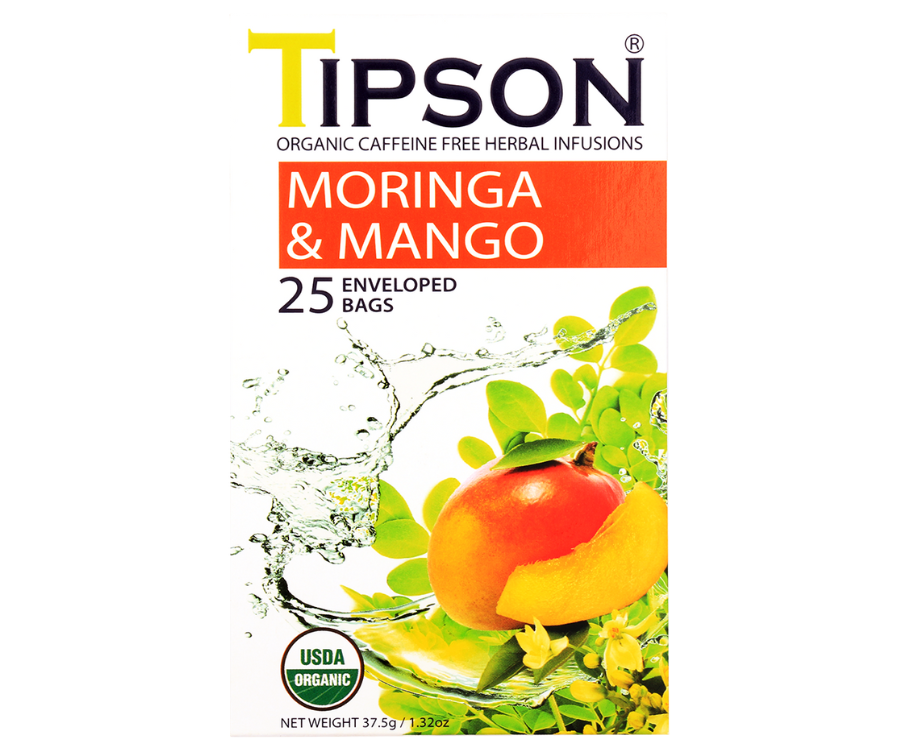 Tipson Moringa & Mango – ziołowa herbata  z liśćmi moringi i mango. Kopertowane saszetki zostały umieszczone w ozdobnym pudełku.