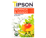 Tipson Moringa & Mango – ziołowa herbata  z liśćmi moringi i mango. Kopertowane saszetki zostały umieszczone w ozdobnym pudełku.