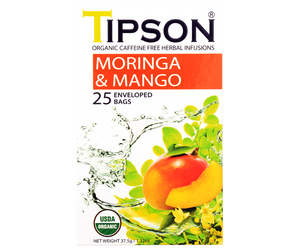 Tipson Moringa & Mango – ziołowa herbata  z liśćmi moringi i mango. Kopertowane saszetki zostały umieszczone w ozdobnym pudełku.