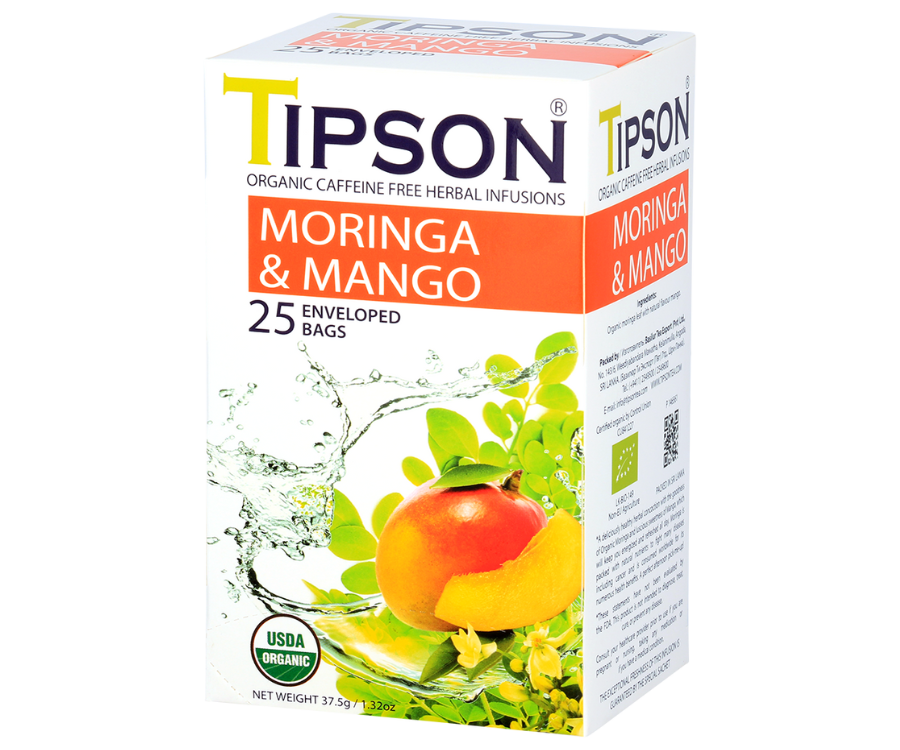 Tipson Moringa & Mango – ziołowa herbata  z liśćmi moringi i mango. Kopertowane saszetki zostały umieszczone w ozdobnym pudełku.