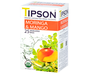 Tipson Moringa & Mango – ziołowa herbata  z liśćmi moringi i mango. Kopertowane saszetki zostały umieszczone w ozdobnym pudełku.