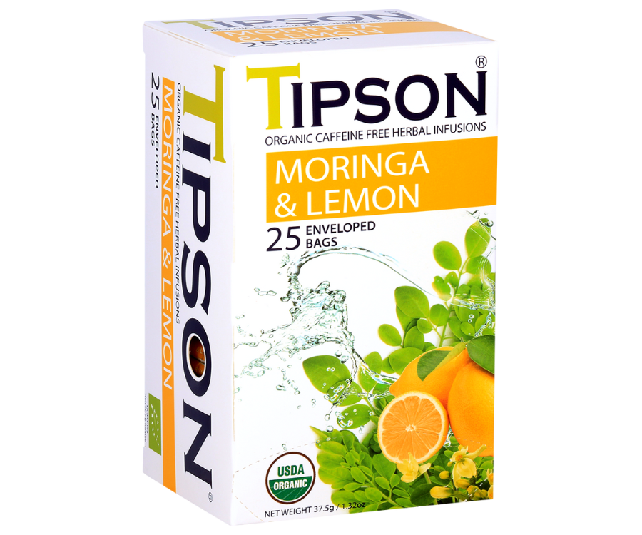 Tipson Moringa & Lemon – ziołowa herbata z liśćmi moringi i cytryną. Kopertowane saszetki zostały umieszczone w ozdobnym pudełku.