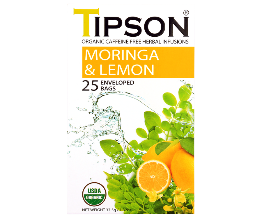 Tipson Moringa & Lemon – ziołowa herbata z liśćmi moringi i cytryną. Kopertowane saszetki zostały umieszczone w ozdobnym pudełku.