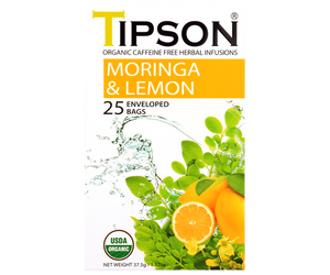 Tipson Moringa & Lemon – ziołowa herbata z liśćmi moringi i cytryną. Kopertowane saszetki zostały umieszczone w ozdobnym pudełku.