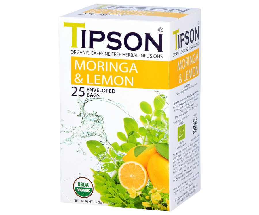 Tipson Moringa & Lemon – ziołowa herbata z liśćmi moringi i cytryną. Kopertowane saszetki zostały umieszczone w ozdobnym pudełku.