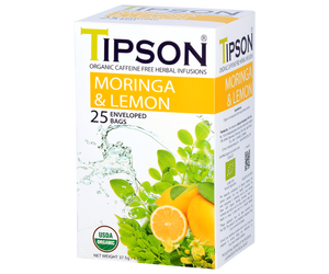 Tipson Moringa & Lemon – ziołowa herbata z liśćmi moringi i cytryną. Kopertowane saszetki zostały umieszczone w ozdobnym pudełku.