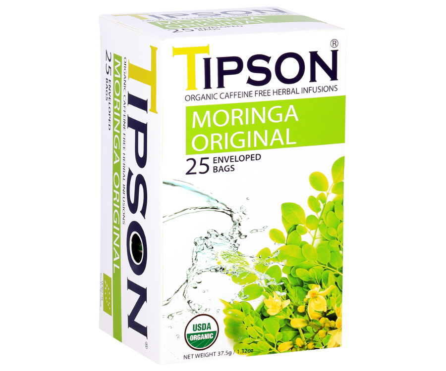 Tipson Moringa Original – ziołowa herbata z liści moringi. Kopertowane saszetki zostały umieszczone w ozdobnym pudełku.