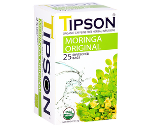 Tipson Moringa Original – ziołowa herbata z liści moringi. Kopertowane saszetki zostały umieszczone w ozdobnym pudełku.