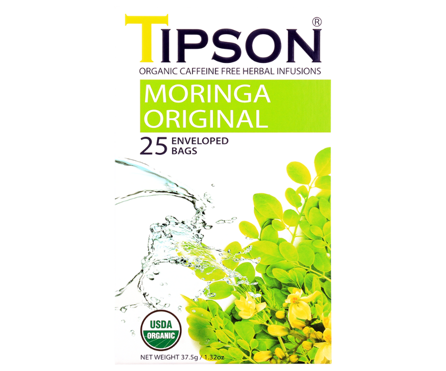 Tipson Moringa Original – ziołowa herbata z liści moringi. Kopertowane saszetki zostały umieszczone w ozdobnym pudełku.