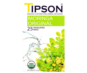 Tipson Moringa Original – ziołowa herbata z liści moringi. Kopertowane saszetki zostały umieszczone w ozdobnym pudełku.