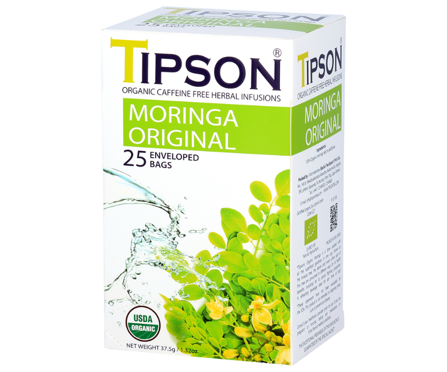 Tipson Moringa Original – ziołowa herbata z liści moringi. Kopertowane saszetki zostały umieszczone w ozdobnym pudełku.