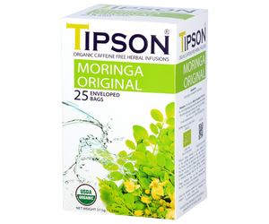 Tipson Moringa Original – ziołowa herbata z liści moringi. Kopertowane saszetki zostały umieszczone w ozdobnym pudełku.