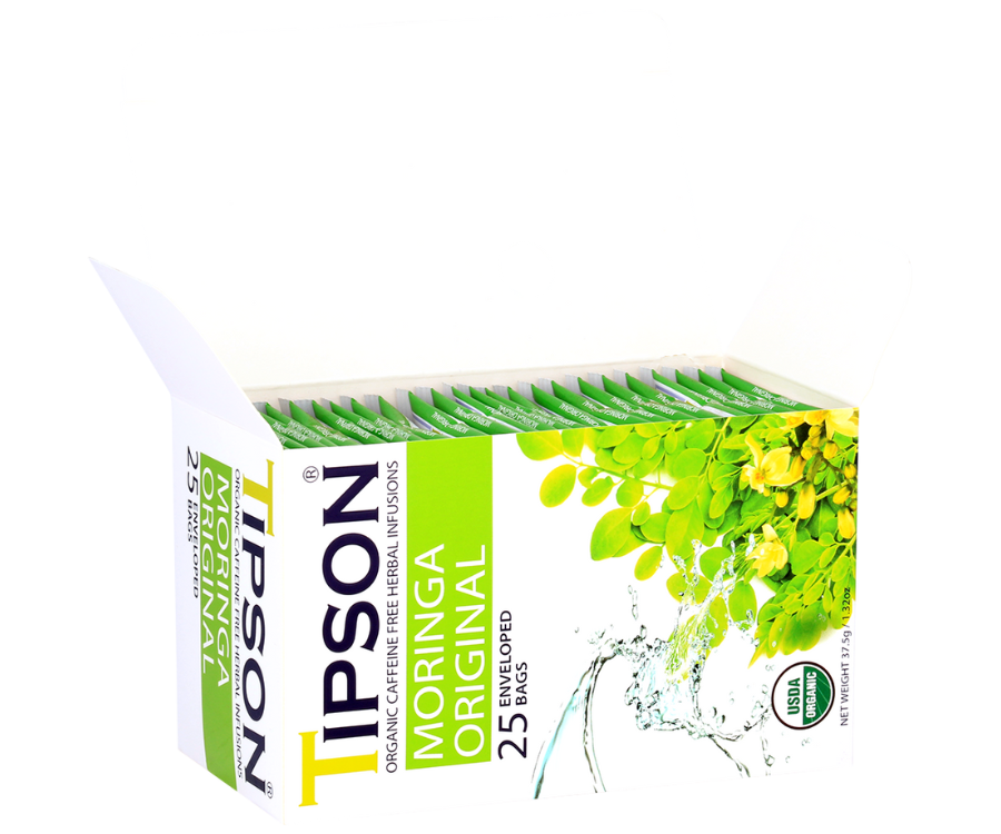 Tipson Moringa Original – ziołowa herbata z liści moringi. Kopertowane saszetki zostały umieszczone w ozdobnym pudełku.