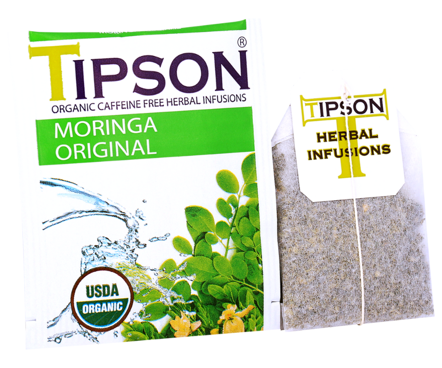 Tipson Moringa Original – ziołowa herbata z liści moringi. Kopertowane saszetki zostały umieszczone w ozdobnym pudełku.