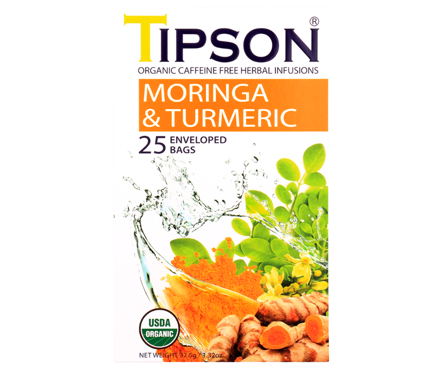 Tipson Moringa & Turmeric – ziołowa herbata z liśćmi moringi i kurkumą. Kopertowane saszetki zostały umieszczone w ozdobnym pudełku.