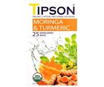 Tipson Moringa & Turmeric – ziołowa herbata z liśćmi moringi i kurkumą. Kopertowane saszetki zostały umieszczone w ozdobnym pudełku.