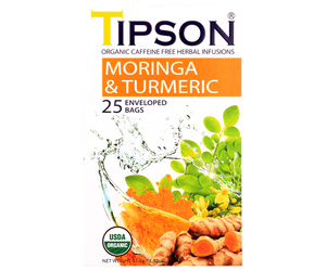 Tipson Moringa & Turmeric – ziołowa herbata z liśćmi moringi i kurkumą. Kopertowane saszetki zostały umieszczone w ozdobnym pudełku.