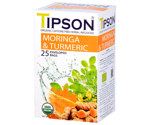 Tipson Moringa & Turmeric – ziołowa herbata z liśćmi moringi i kurkumą. Kopertowane saszetki zostały umieszczone w ozdobnym pudełku.