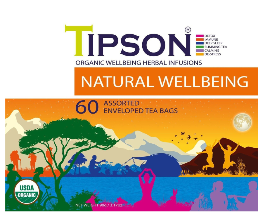 Tipson Natural Wellbeing – zestaw herbat z kolekcji organicznych naparów. 6 smaków w kopertowanych saszetkach zapakowanych w ozdobną herbaciarkę z motywem grupki ludzi spędzających czas na świeżym powietrzu.