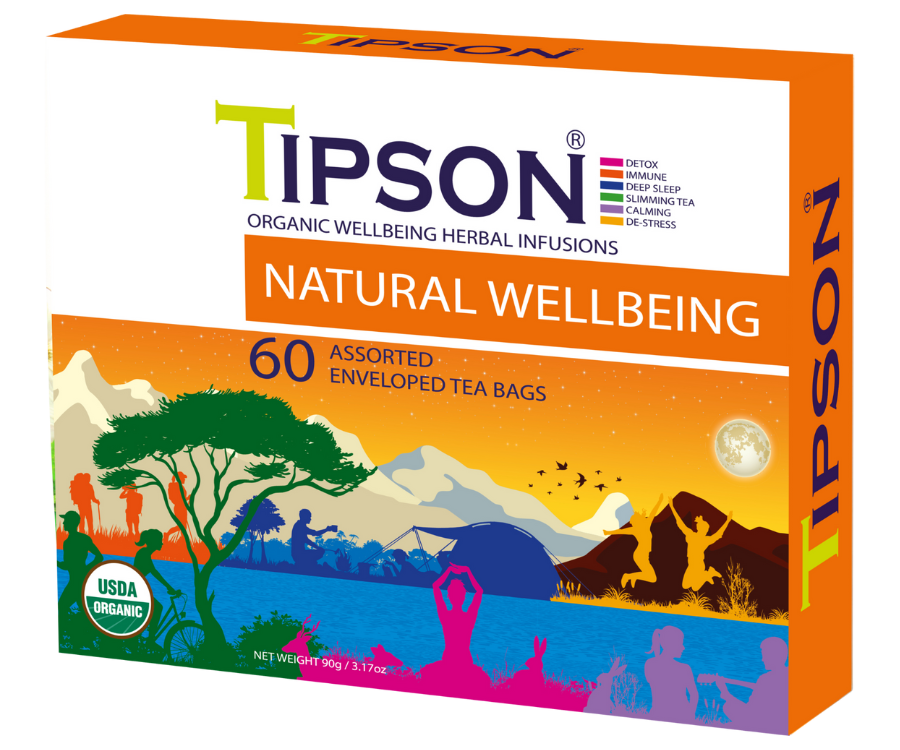 Tipson Natural Wellbeing – zestaw herbat z kolekcji organicznych naparów. 6 smaków w kopertowanych saszetkach zapakowanych w ozdobną herbaciarkę z motywem grupki ludzi spędzających czas na świeżym powietrzu.