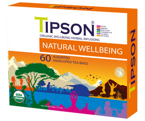 Tipson Natural Wellbeing – zestaw herbat z kolekcji organicznych naparów. 6 smaków w kopertowanych saszetkach zapakowanych w ozdobną herbaciarkę z motywem grupki ludzi spędzających czas na świeżym powietrzu.