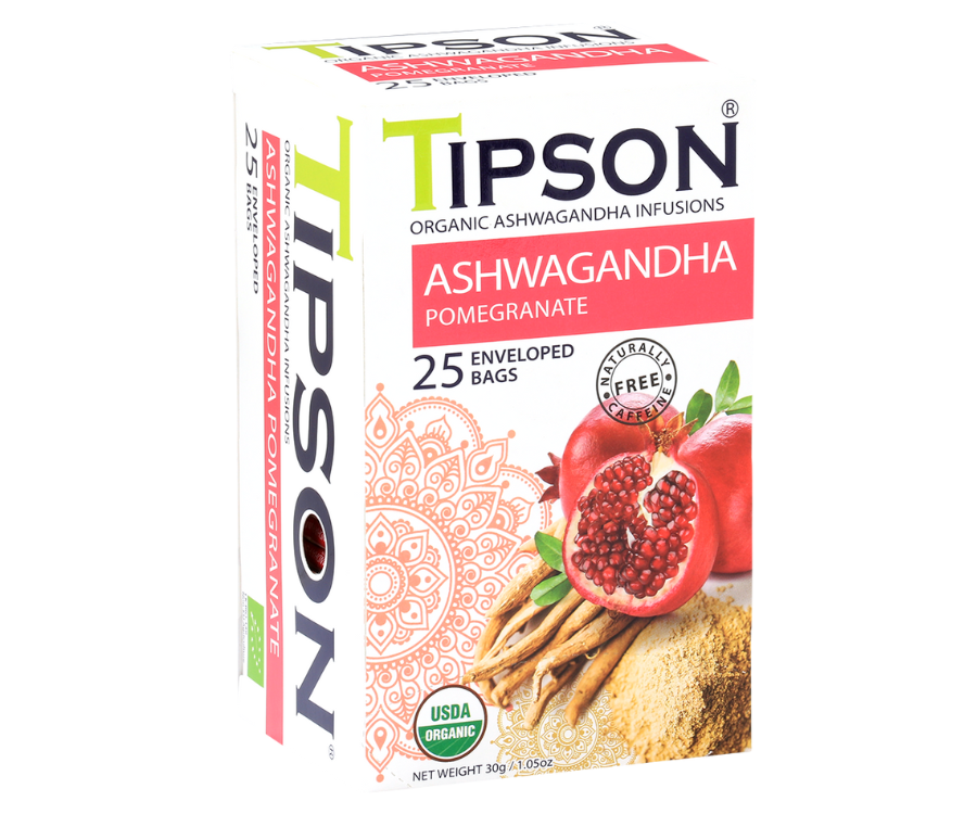 Tipson Ashwagandha Pomegranate – organiczna mieszanka rumianku, ashwagandhy, trawy cytrynowej, hibiskusa, skórki pomarańczy oraz naturalnego aromatu granatu. Kopertowane saszetki zostały umieszczone w opakowaniu ozdobionym grafiką egzotycznego owocu  i przypraw.