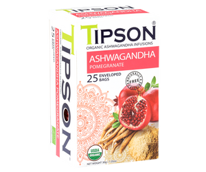 Tipson Ashwagandha Pomegranate – organiczna mieszanka rumianku, ashwagandhy, trawy cytrynowej, hibiskusa, skórki pomarańczy oraz naturalnego aromatu granatu. Kopertowane saszetki zostały umieszczone w opakowaniu ozdobionym grafiką egzotycznego owocu  i przypraw.